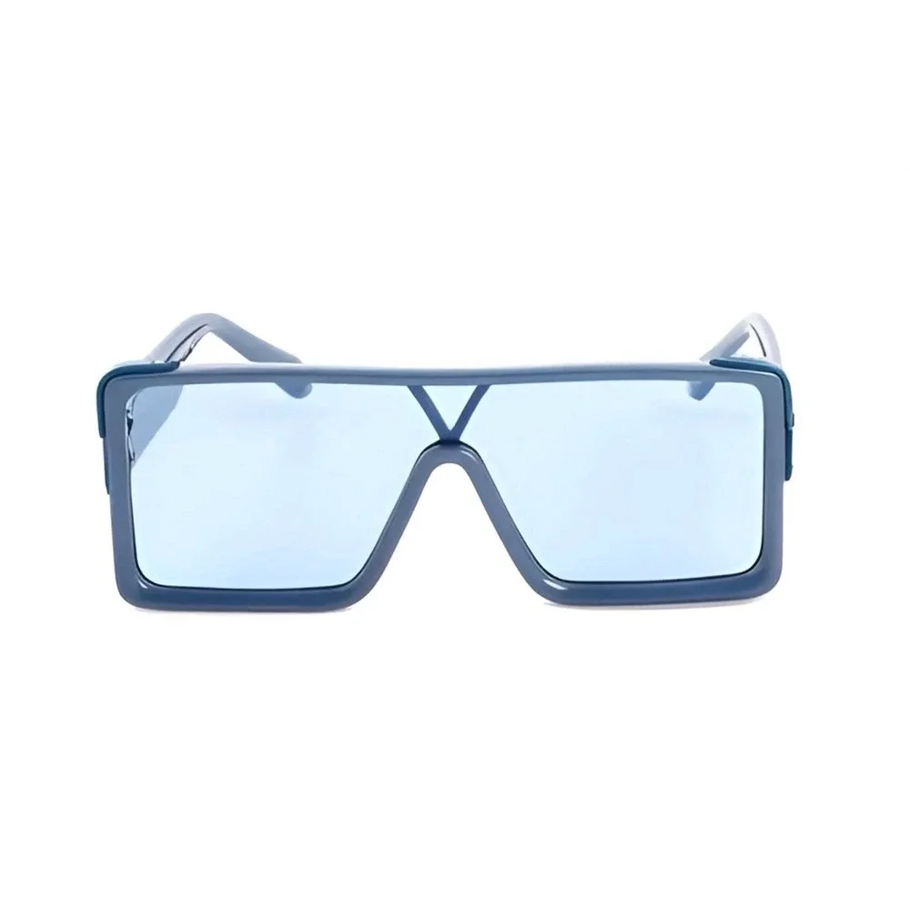 Mens Blue Oversized Square Shield Sunglasses Futuristic Flat‎ Top V-Bridge Shade